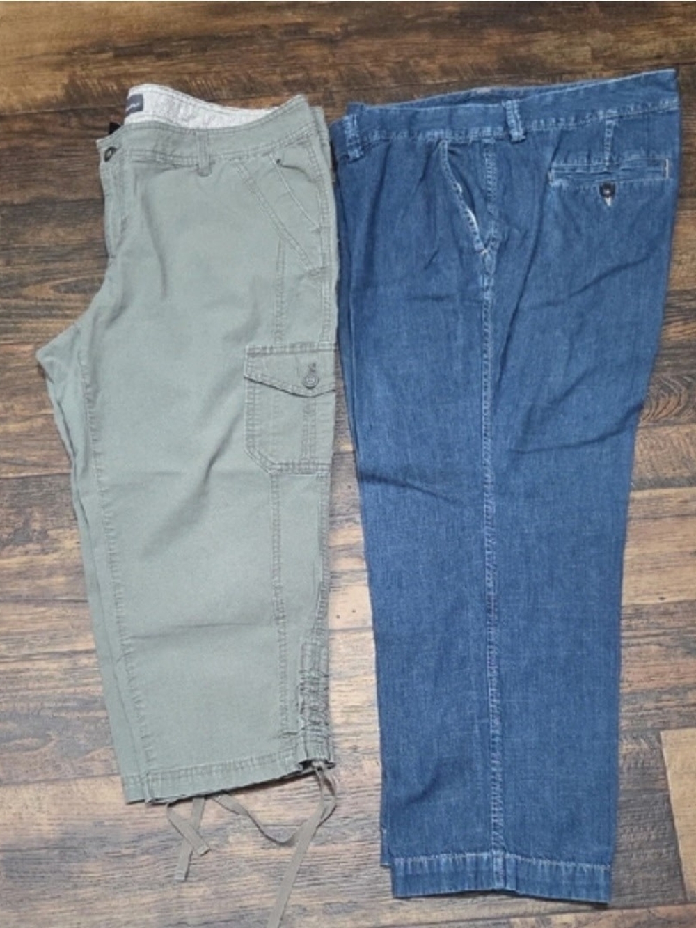 2 Pair Of Eddie Bauer Olive Cargo Shorts with Drawstring Hem & Denim Capris